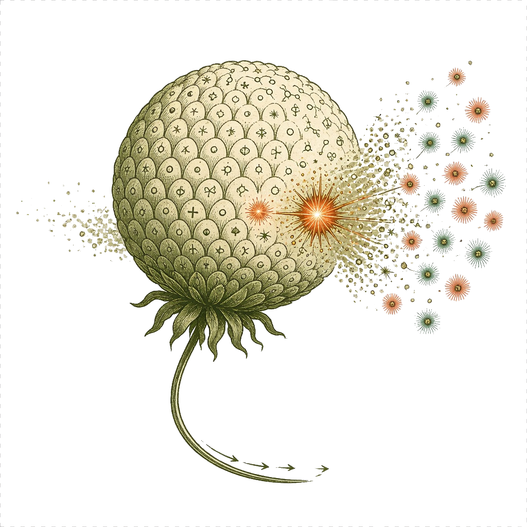 A dandelion clock releasing moments of research into the past and the future